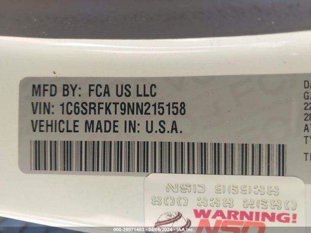 1C6SRFKT9NN215158 RAM 1500 Limited Longhorn  4x4 5'7 Box