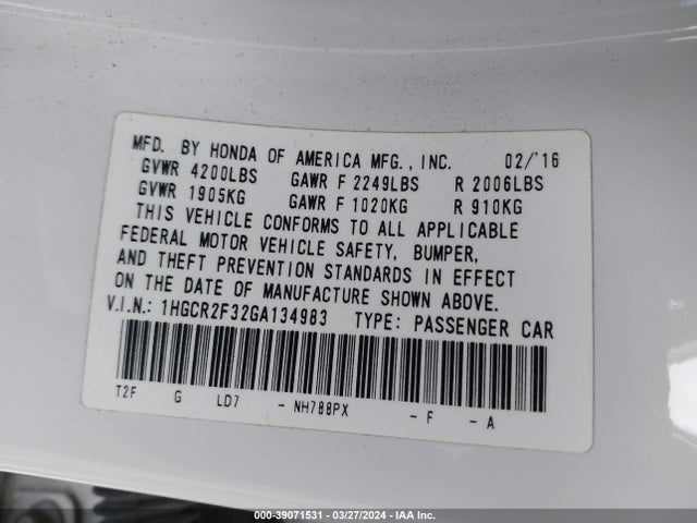 Honda ACCORD LX 2016 1HGCR2F32GA134983 Image 9