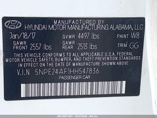 Hyundai Sonata 2017 5NPE24AF1HH547836 Image 9