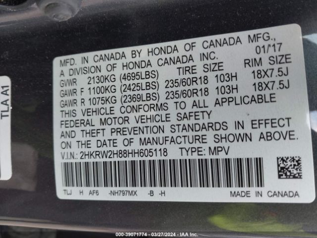 2HKRW2H88HH605118 Honda Cr-v Ex-l/ex-l Navi