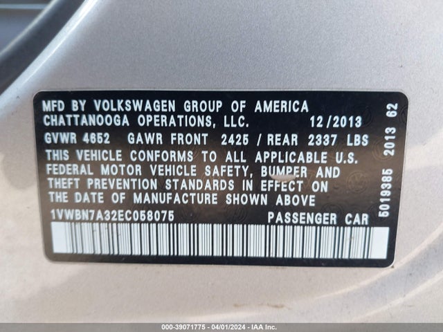 1VWBN7A32EC058075 Volkswagen Passat 2.0l Tdi Se