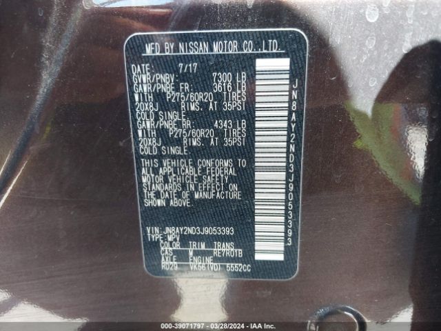 JN8AY2ND3J9053393 Nissan Armada Sl