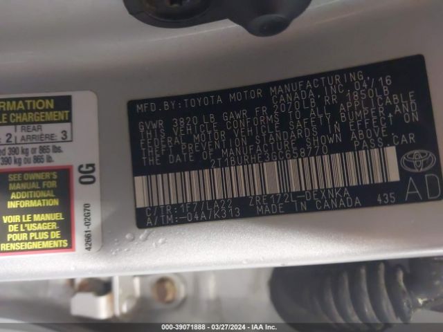 2T1BURHE3GC658770 Toyota Corolla Le Premium