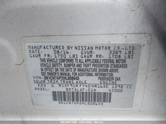 3N1CN7AP2HL808645 Nissan Versa 1.6 S