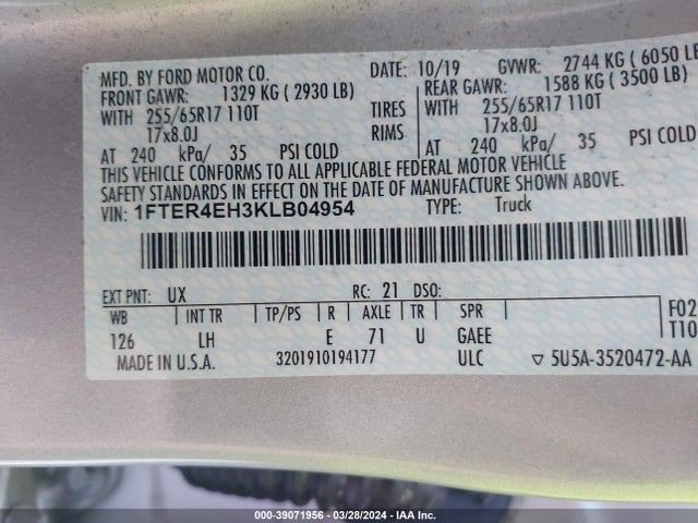 Ford RANGER XL 2019 1FTER4EH3KLB04954 Image 9