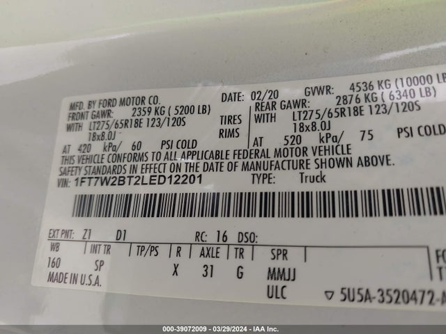 Ford F250 Super Duty 2020 1FT7W2BT2LED12201 Image 9