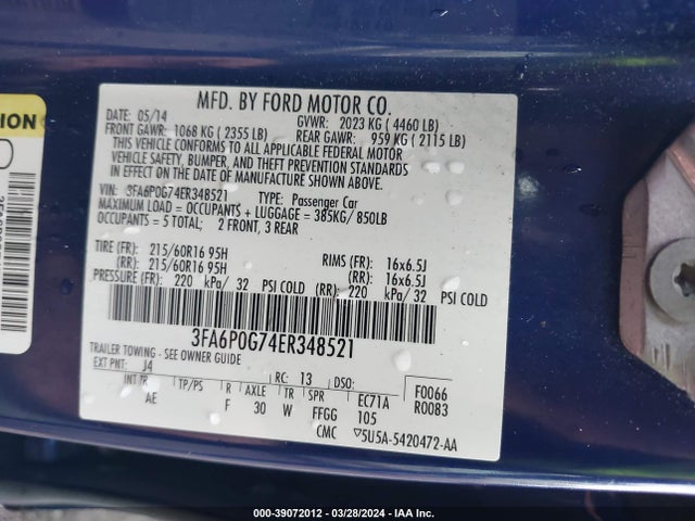 Ford FUSION S 2014 3FA6P0G74ER348521 Image 9