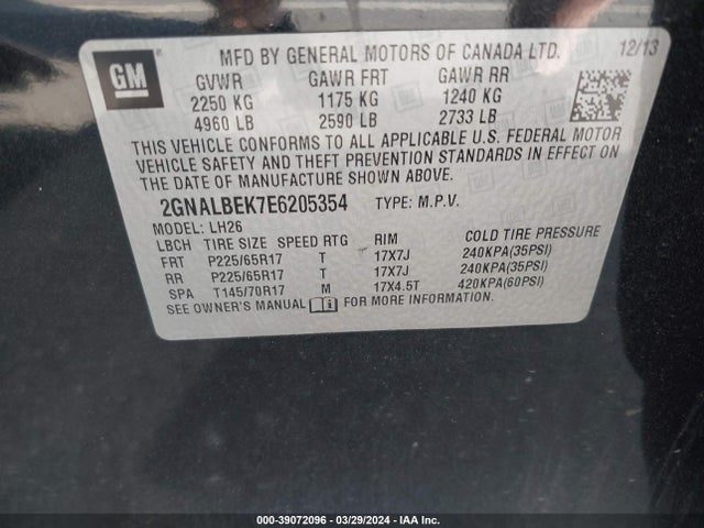Chevrolet EQUINOX 1LT 2014 2GNALBEK7E6205354 Image 9