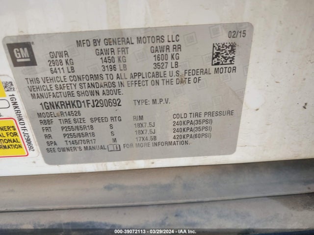 Chevrolet Traverse 2lt 2015 1GNKRHKD1FJ290692 Image 9