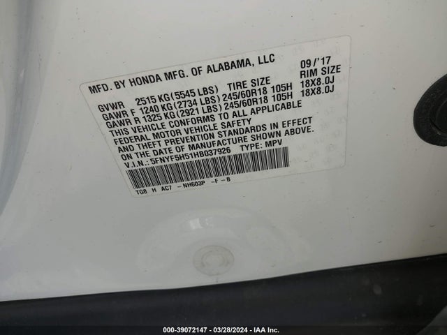 Honda Pilot Ex-l 2017 5FNYF5H51HB037926 Image 9