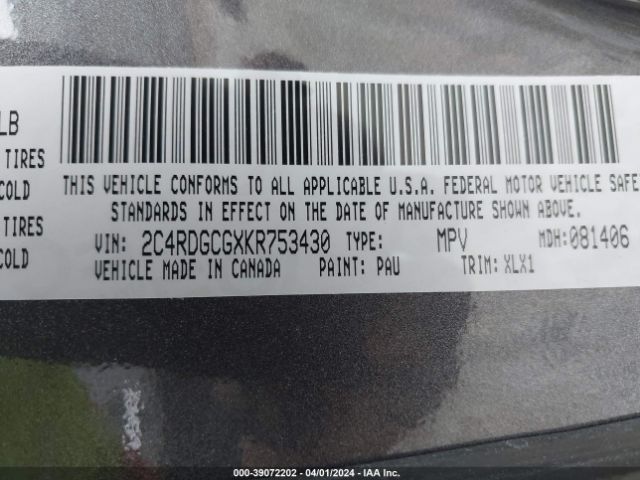 2C4RDGCGXKR753430 Dodge Grand Caravan Sxt