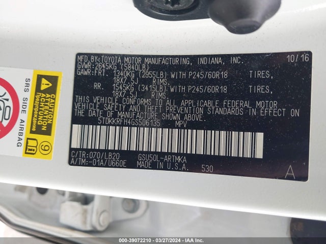 Toyota Highlander Xle V6 2016 5TDKKRFH4GS506135 Image 9