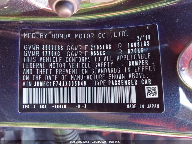 Honda Civic Ex-l 2018 JHMFC1F74JX005849 Image 9