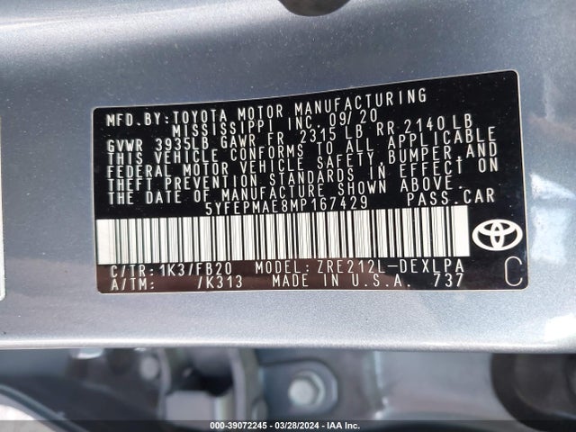 Toyota COROLLA LE 2021 5YFEPMAE8MP167429 Image 9