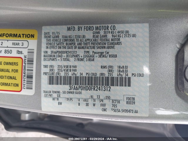 Ford FUSION SE 2015 3FA6P0HD0FR241312 Image 9
