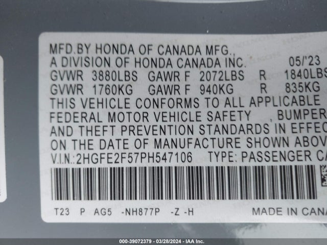Honda Civic Sport 2023 2HGFE2F57PH547106 Image 9