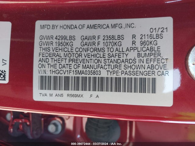 Honda ACCORD LX 2021 1HGCV1F15MA035803 Image 9