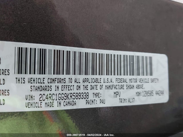 Chrysler Pacifica Limited 2019 2C4RC1GG9KR589338 Image 9