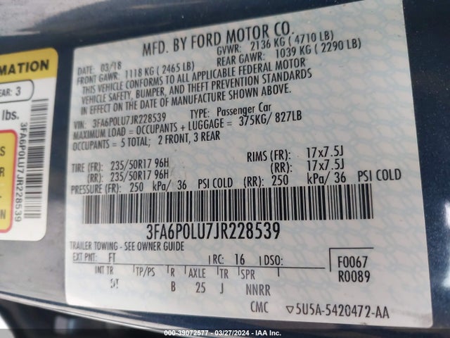 Ford Fusion Hybrid Se 2018 3FA6P0LU7JR228539 Image 9