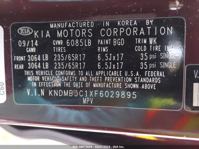 KIA SEDONA LX 2015 KNDMB5C1XF6029895 Image 9