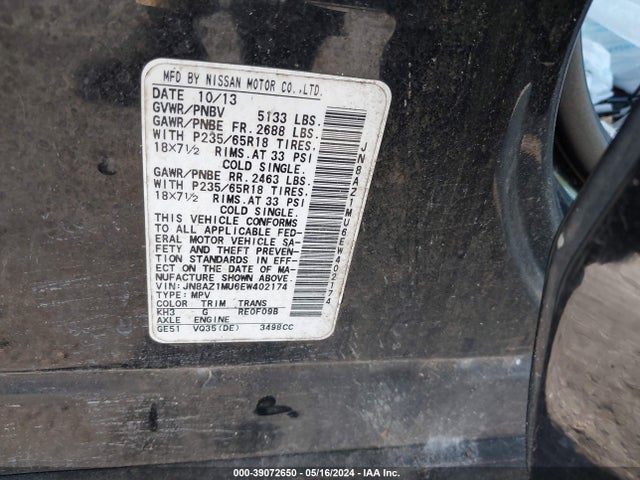 Nissan MURANO S 2014 JN8AZ1MU6EW402174 Image 9