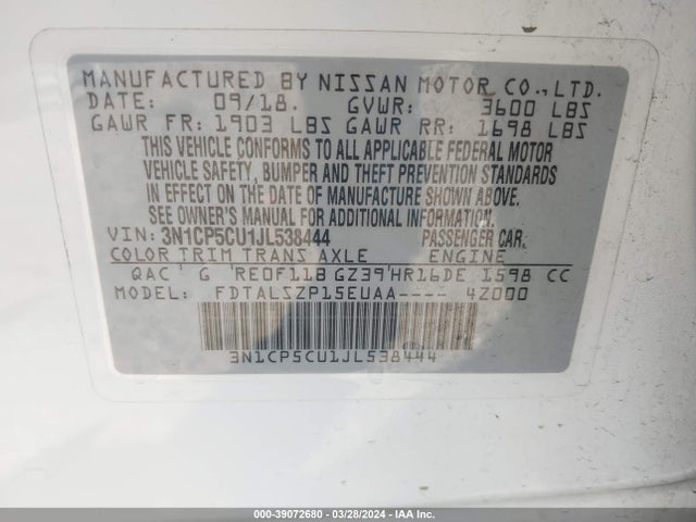 Nissan KICKS SV 2018 3N1CP5CU1JL538444 Image 9