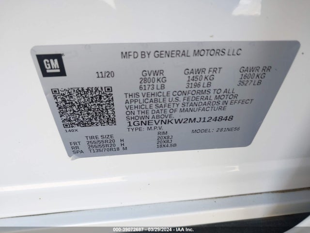 1GNEVNKW2MJ124848 Chevrolet Traverse Awd High Country