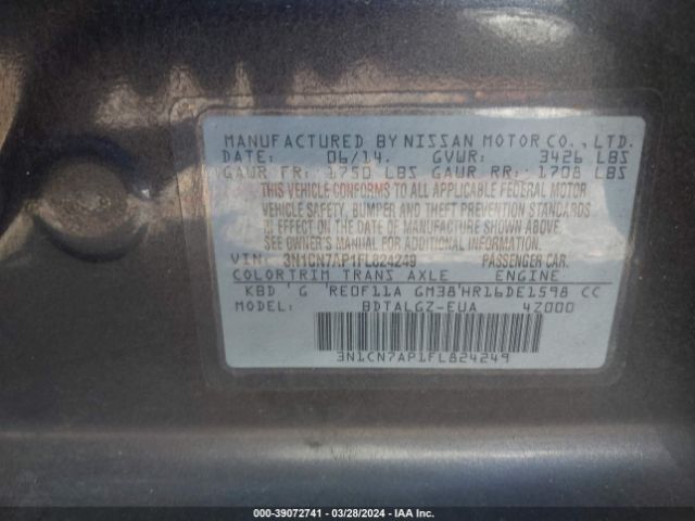 3N1CN7AP1FL824249 Nissan Versa 1.6 Sl