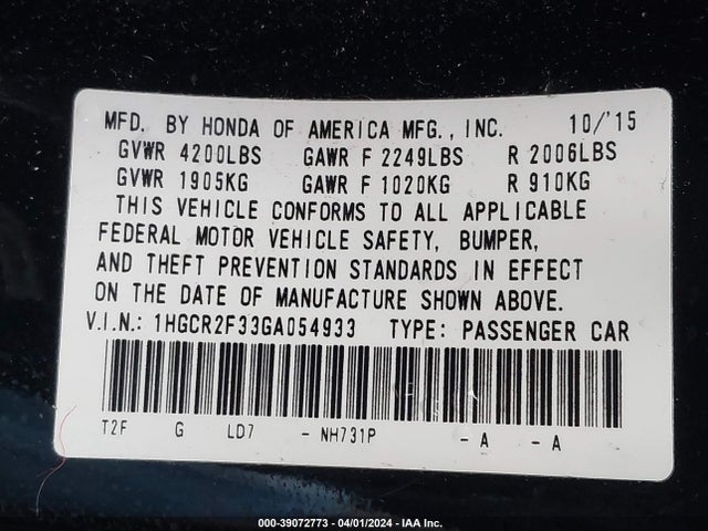 Honda ACCORD LX 2016 1HGCR2F33GA054933 Image 9