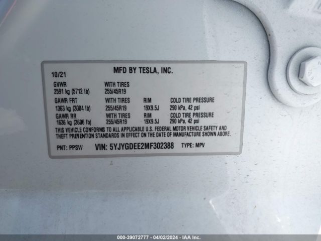 2021 TESLA MODEL Y 5YJYGDEE2MF302388 Photo 8