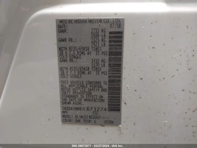 5N1DR2MM8JC673274 Nissan Pathfinder Sv