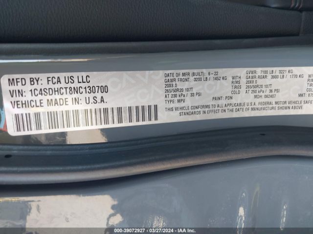 1C4SDHCT8NC130700 Dodge Durango R/t Rwd