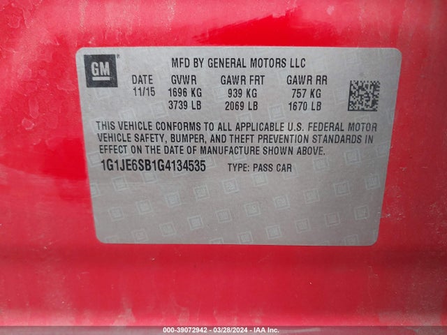 Chevrolet Sonic Ltz Auto 2016 1G1JE6SB1G4134535 Image 9
