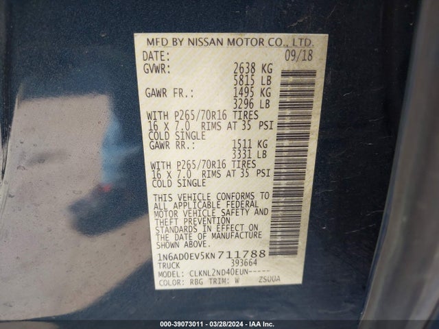 Nissan Frontier Sv 2019 1N6AD0EV5KN711788 Image 9