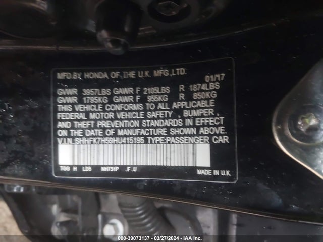 Honda CIVIC EX 2017 SHHFK7H59HU415195 Image 9