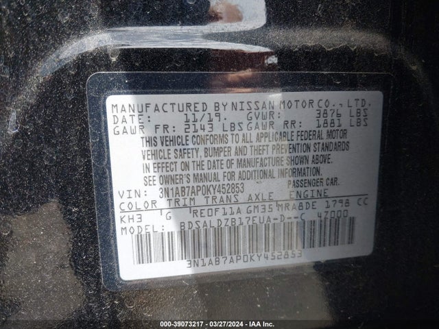 Nissan SENTRA SV 2019 3N1AB7AP0KY452853 Image 9