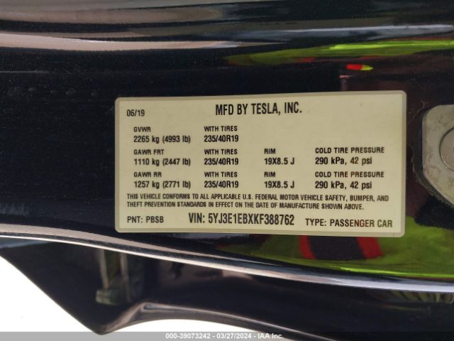 5YJ3E1EBXKF388762 Tesla Model 3 Long Range/performance