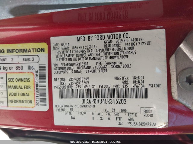 Ford FUSION SE 2014 3FA6P0HD4ER315202 Image 9