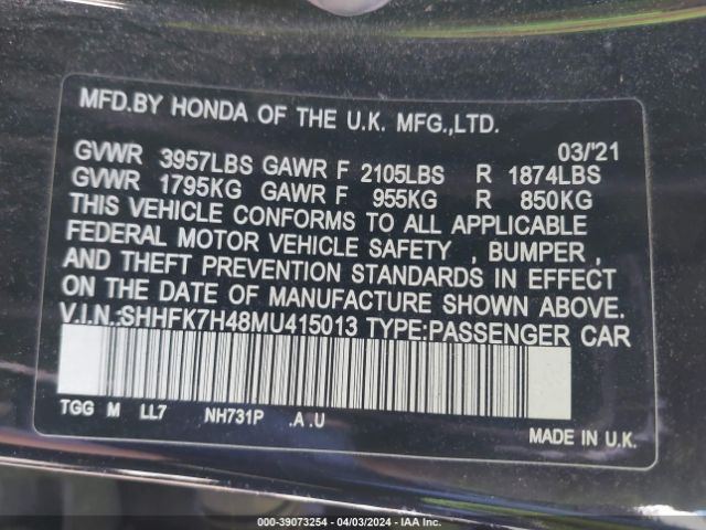 SHHFK7H48MU415013 Honda Civic Sport
