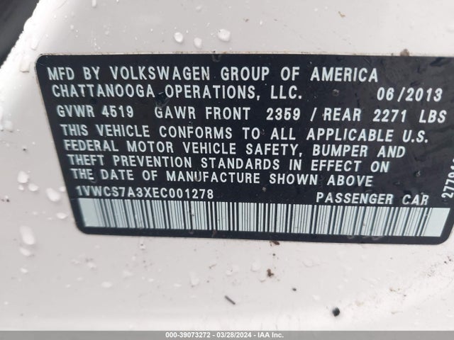 1VWCS7A3XEC001278 Volkswagen Passat 1.8t Sel Premium