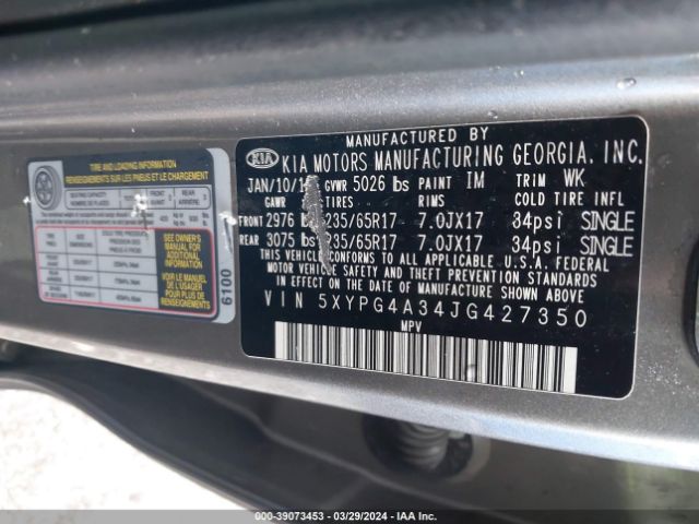 5XYPG4A34JG427350 KIA Sorento 2.4l L