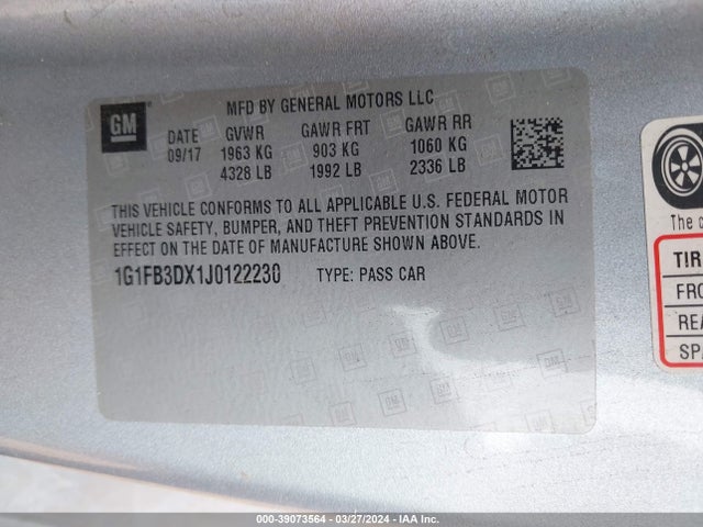 Chevrolet Camaro 1lt 2018 1G1FB3DX1J0122230 Image 9