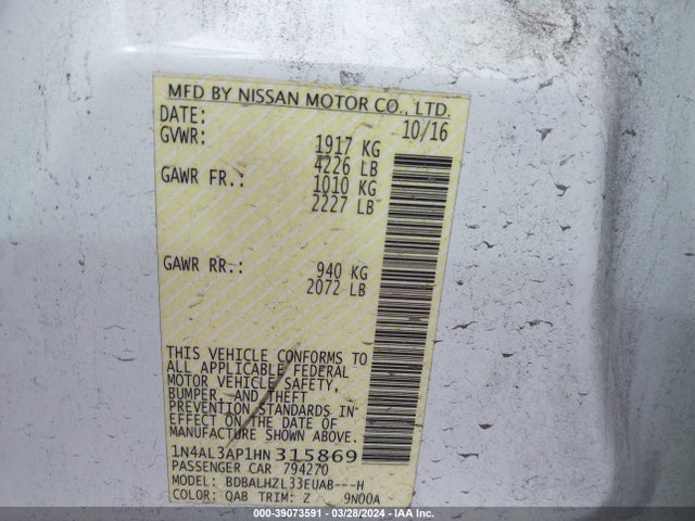Nissan Altima 2.5 Sr 2017 1N4AL3AP1HN315869 Image 9