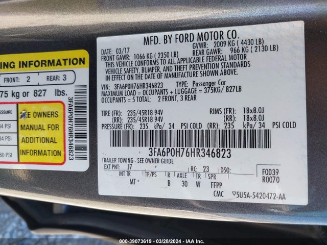 Ford FUSION SE 2017 3FA6P0H76HR346823 Image 9