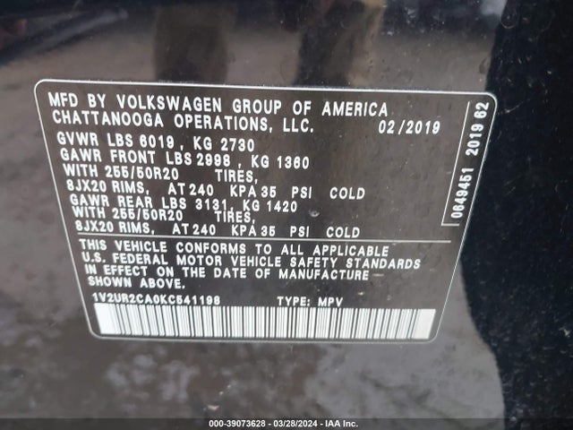 1V2UR2CA0KC541198 Volkswagen Atlas 3.6l V6 Se W/technology