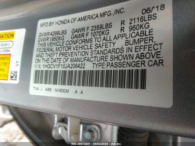 Honda ACCORD LX 2018 1HGCV1F10JA206422 Image 9