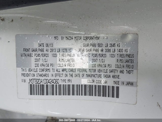Aukcja sprzedaży 2013 Mazda Cx-9 Grand Touring, vin: JM3TB2DA1D0424080, numer aukcji: 39073668