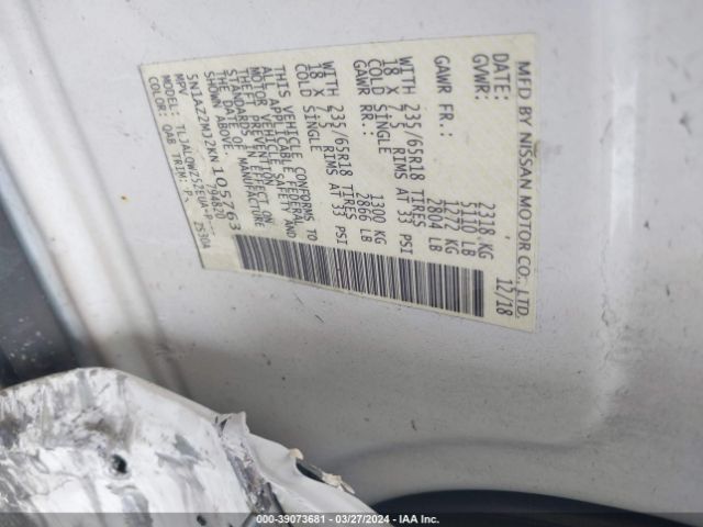 5N1AZ2MJ2KN105763 Nissan MURANO SV