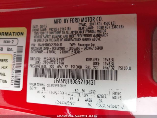 1FA6P8TH0G5210431 Ford Mustang Ecoboost