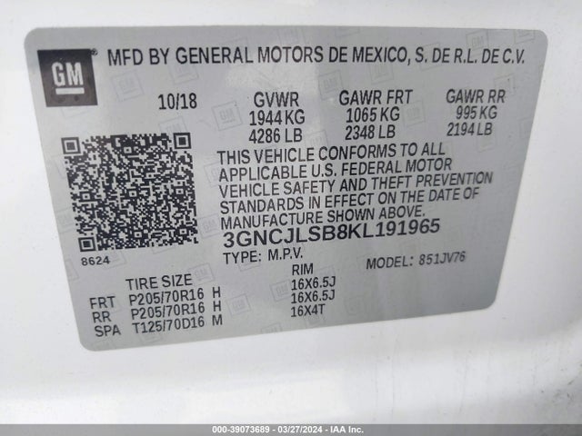 Chevrolet Trax Lt 2019 3GNCJLSB8KL191965 Image 9